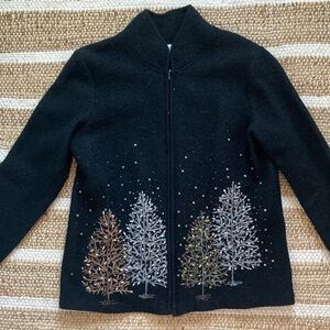 Coldwater Creek - Black Wool Zip Cardigan/Jacket - M - Winter Sequin Trees